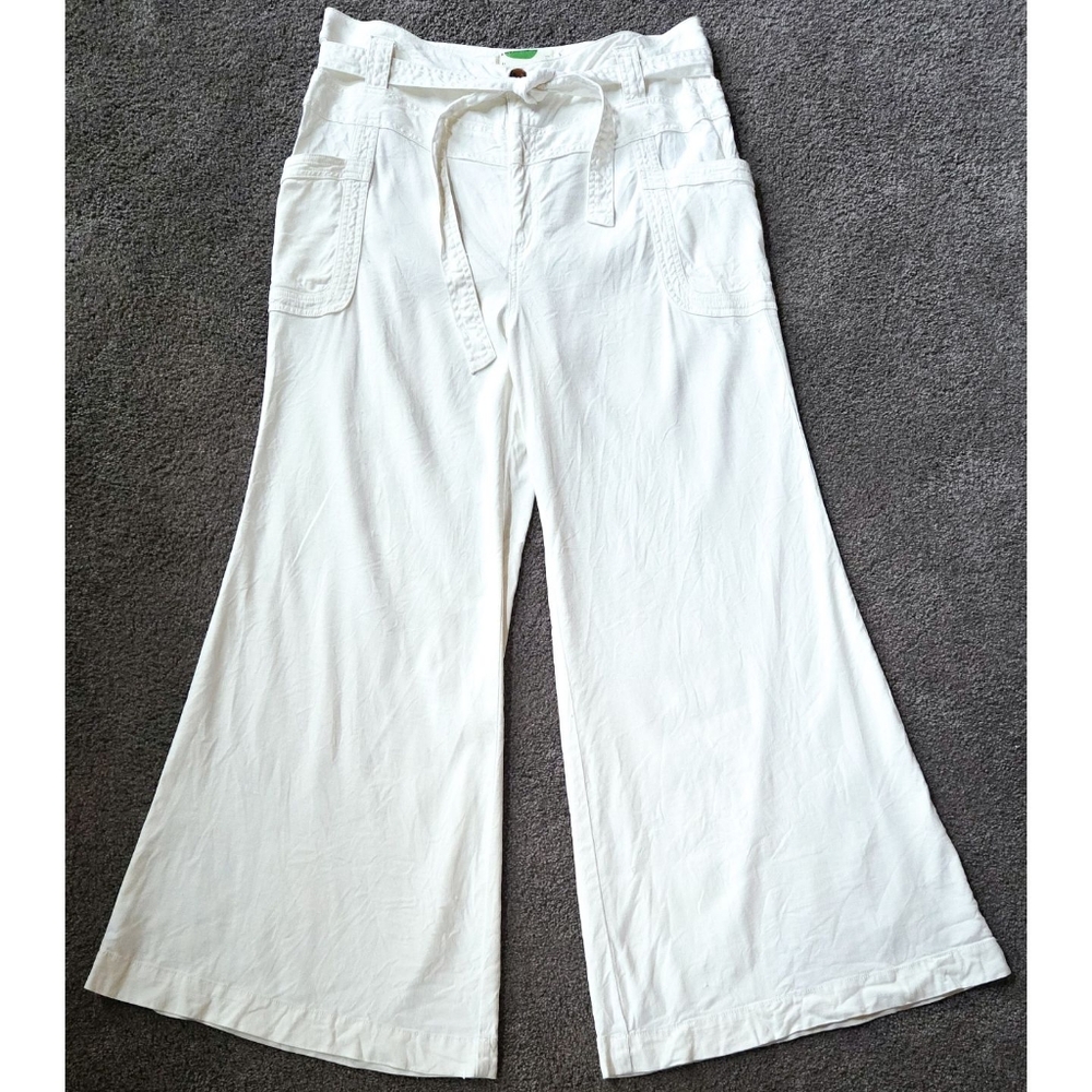 Anthropologie Wide Leg Linen Pants White Belted Cargo Pockets High Waisted Rise